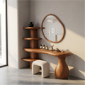 Organic Corner Vanity Table, Space-Saving Solid Wood Makeup Desk with Mirror & Storage Drawers for Small Bedrooms