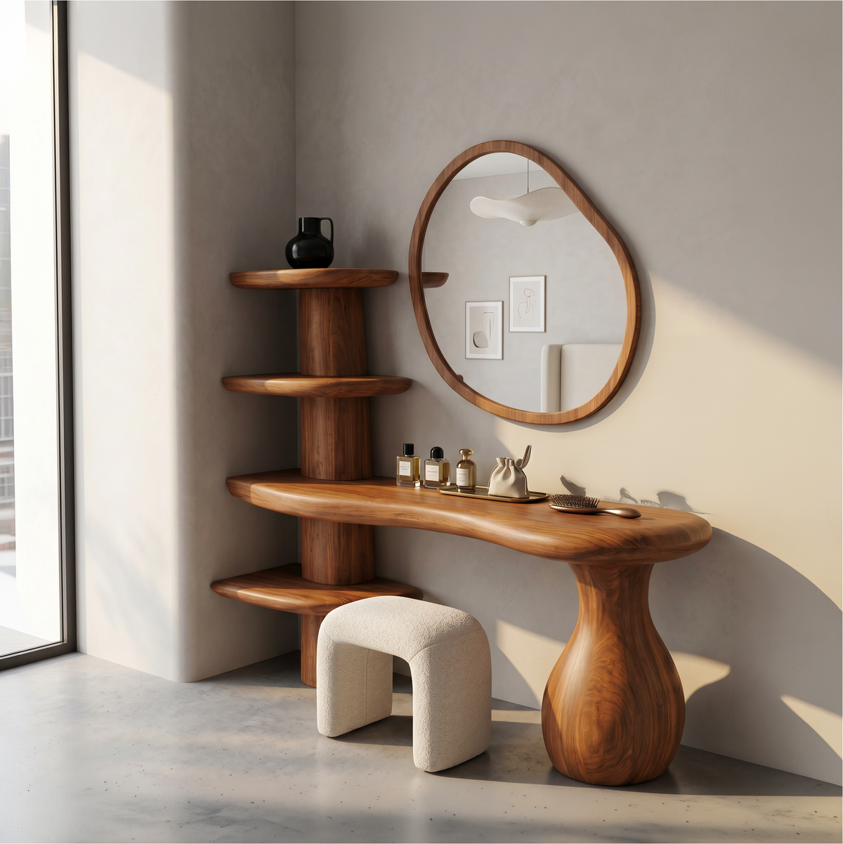 Spry Interior Organic Corner Vanity Table, Space-Saving Solid Wood Makeup Desk with Mirror & Storage Drawers for Small Bedrooms, SINLSABDT078