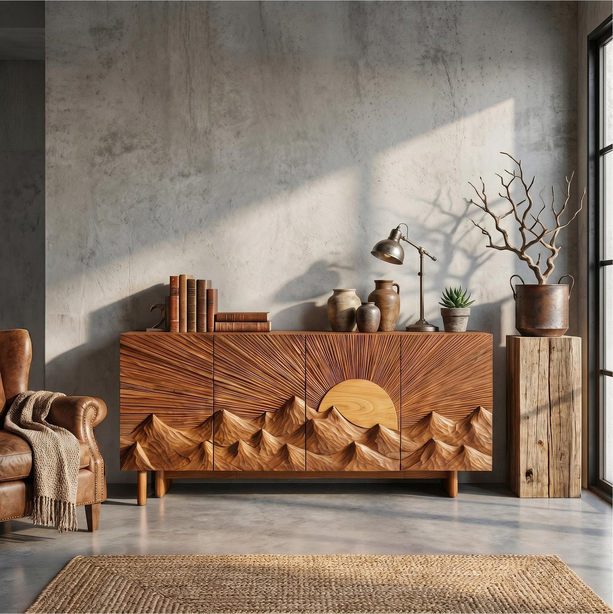 Contemporary Landscape Sideboard with Sculptural Carved Wood Doors, Artistic Living Room Buffet Credenza