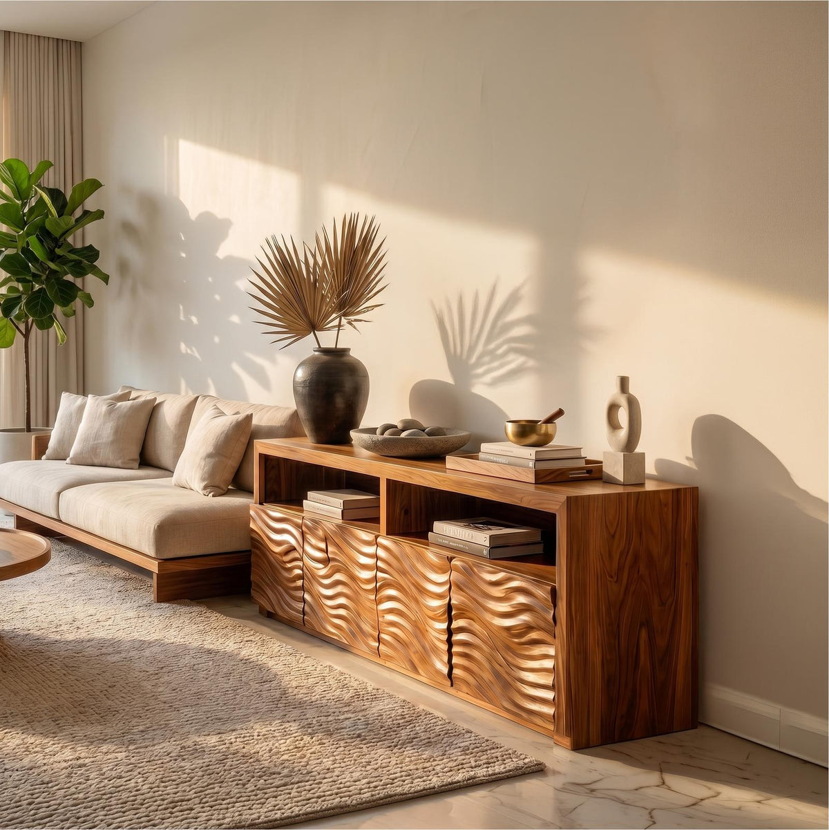 Contemporary Sideboard with Geometric Carved Wood Doors & Functional Storage Cabinet, Living Room Credenza