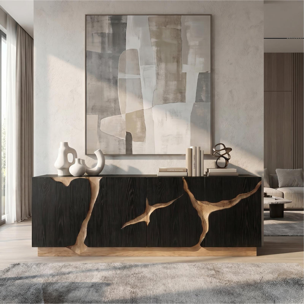 Organic Sideboard with Charred Wood Doors & Natural Live Edge Inlay, Shou Sugi Ban Buffet Credenza Console