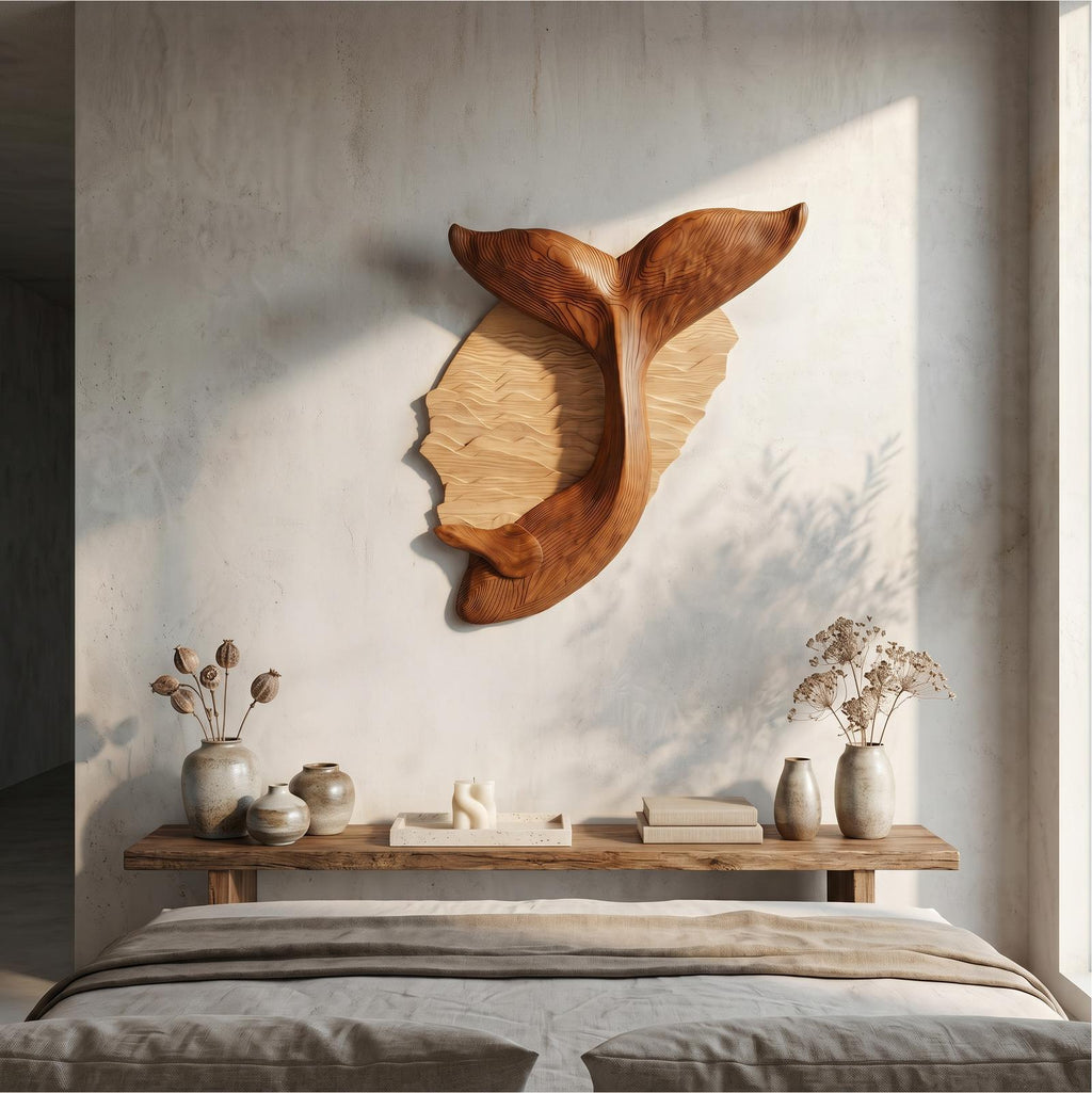 Organic Whale Tail Wooden Wall Art, Handcrafted Coastal Nautical Marine Decor for Bedroom & Living Room