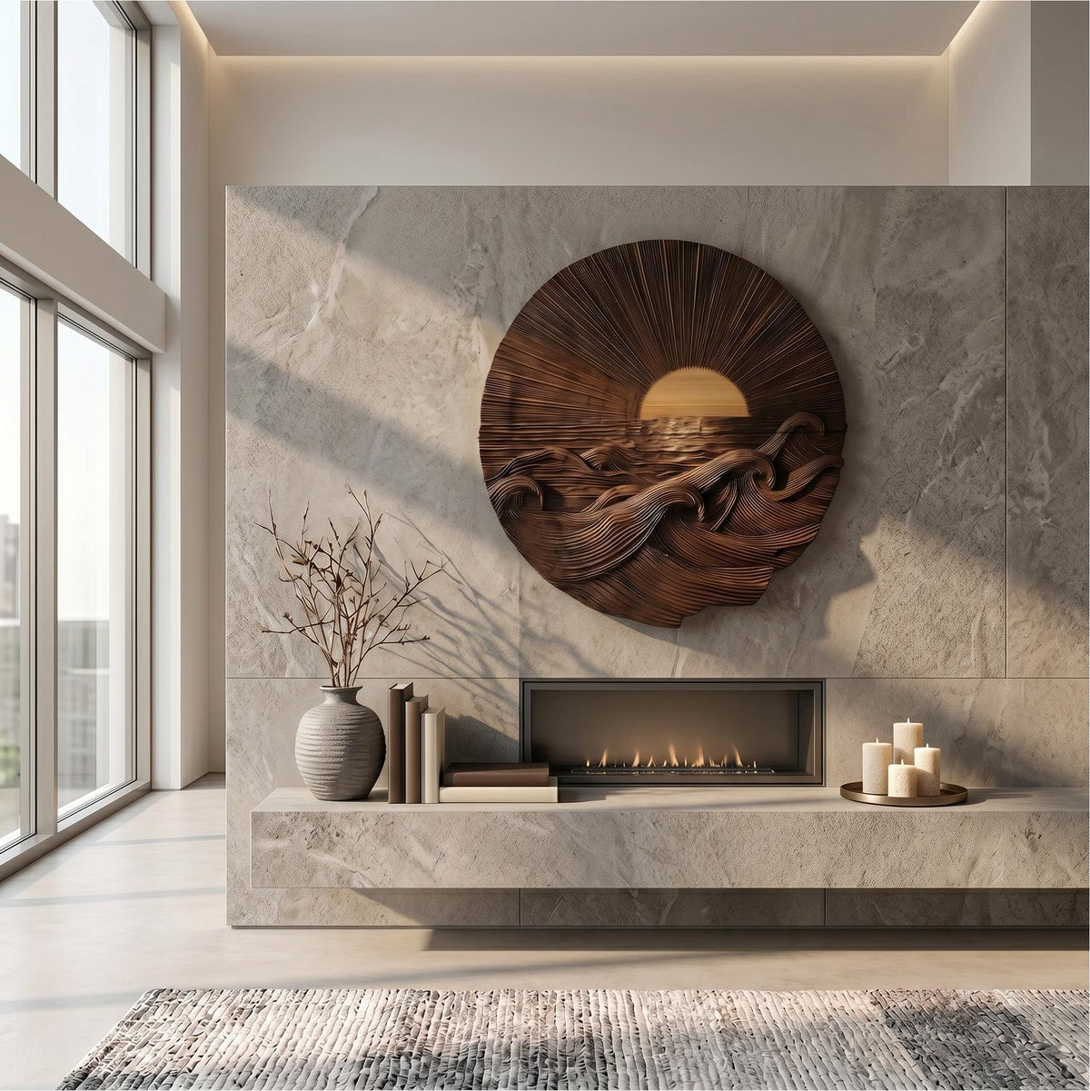 Organic Sunrise Wooden Wall Art, Carved Landscape Sunburst Panel Decor for Living Room, Entryway