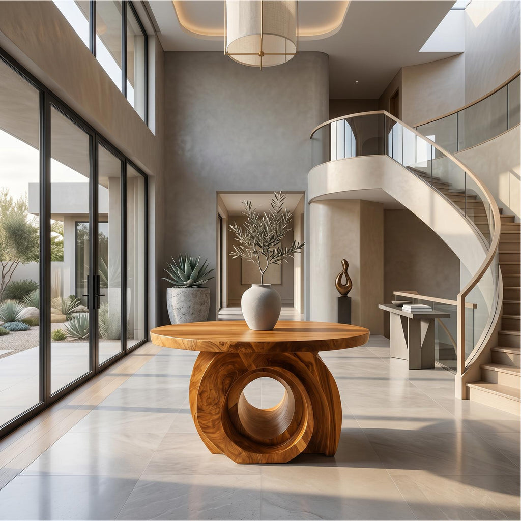 Modern Round Foyer Table, Sculptural Ring Pedestal Solid Wood Entryway & Hallway Accent Table