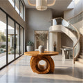 Modern Round Foyer Table, Sculptural Ring Pedestal Solid Wood Entryway & Hallway Accent Table