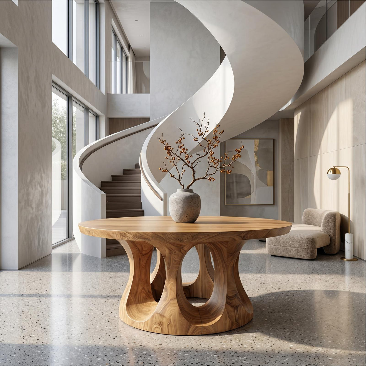 Organic Round Foyer Table, Sculptural Dual Ring Pedestal Entryway & Hallway Console Table