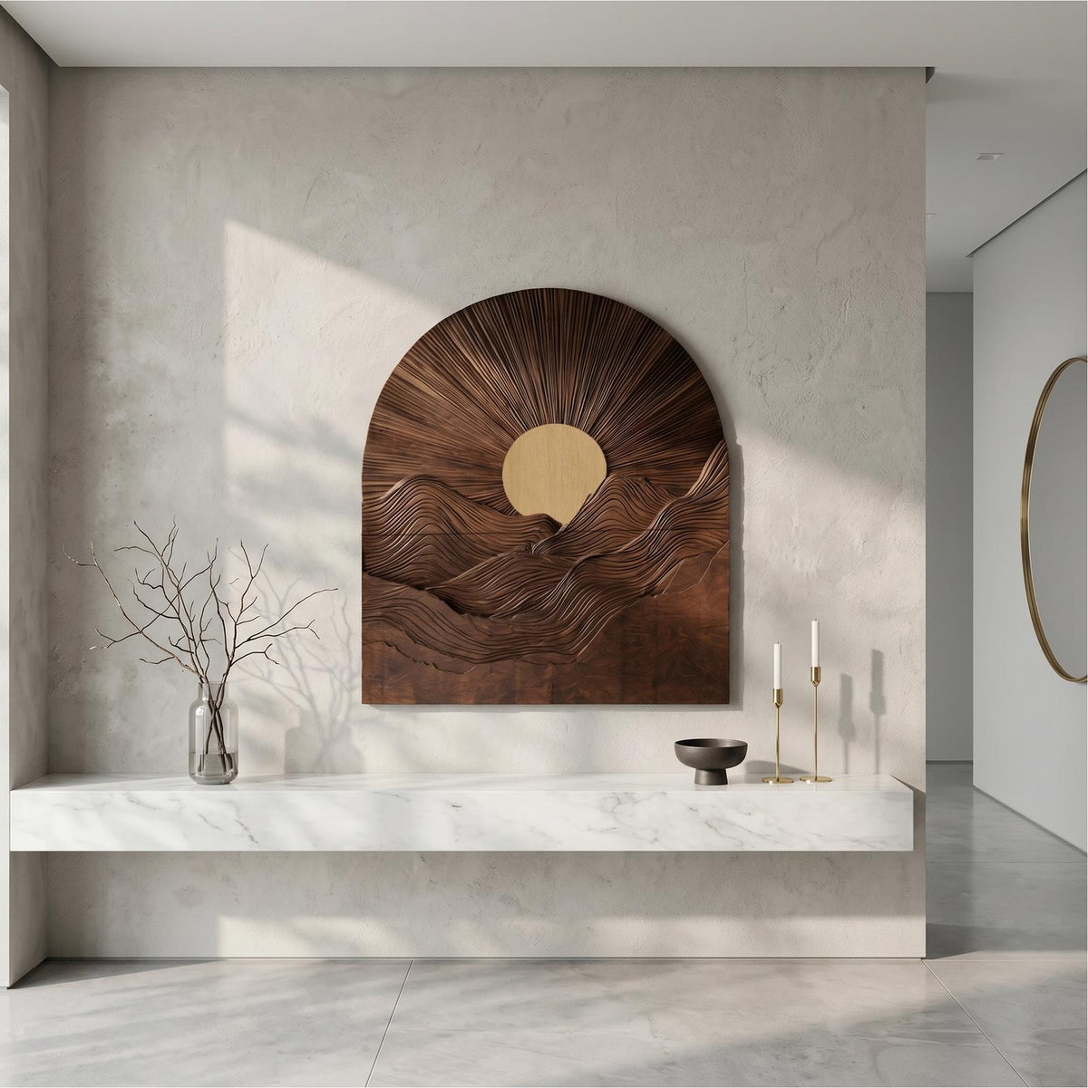 Sunburst Wall Art, Round Sculptural Wooden Relief Panel Decor for Living Room, Bedroom & Entryway