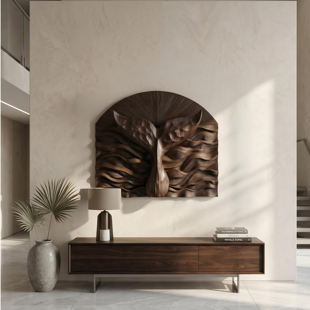 Abstract Wall Art, Sculptural 3D Relief Carved Wood Panel Decor for Contemporary Living Room & Entryway