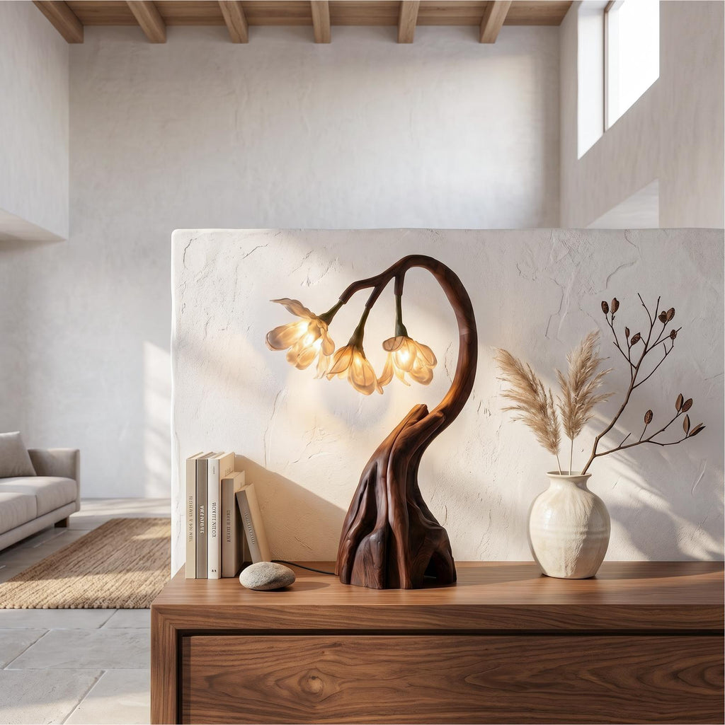 Rustic Tree Branch Table Lamp, Sculptural Driftwood Base Bedside Accent Nightstand Light for Living Room