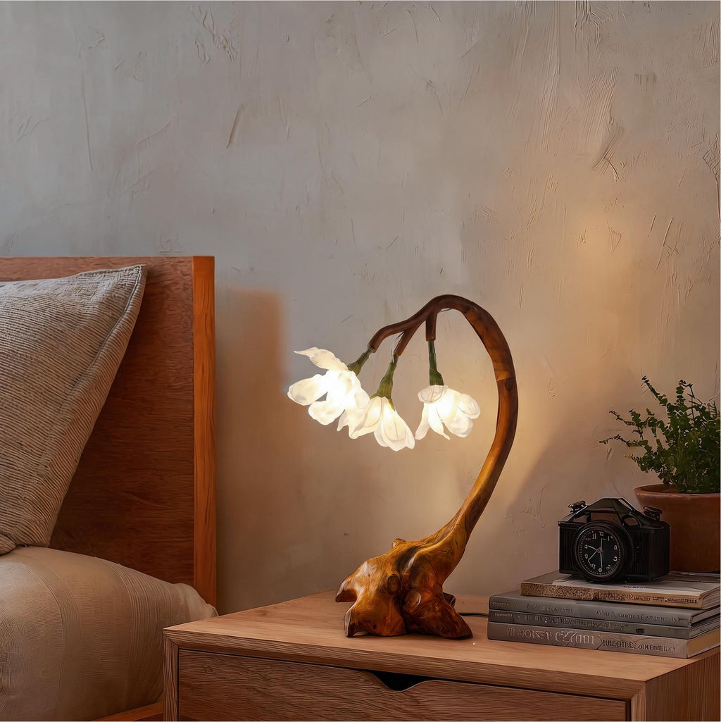 Organic Flower Table Lamp, Sculptural Solid Wood Base Bedside Reading Light for Living Room & Bedroom