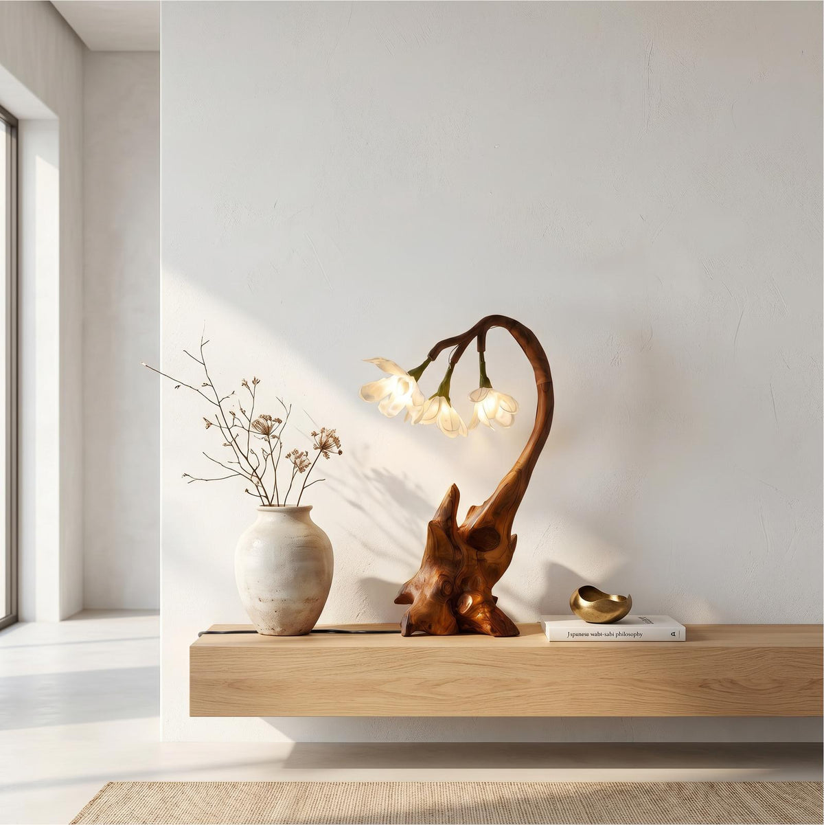 Modern Floral Table Lamp With Sculptural Wood Base For Living Room