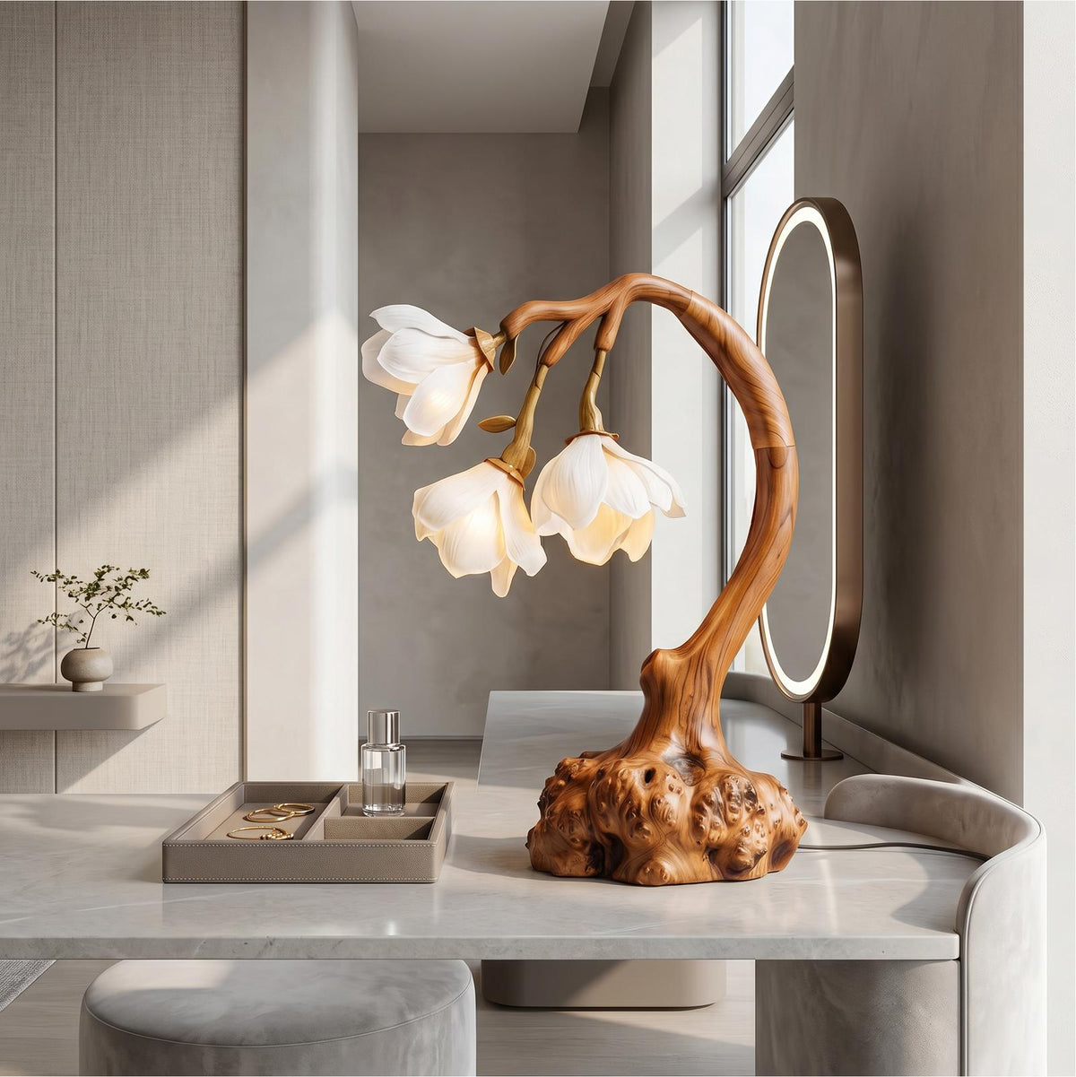 Minimalist Floral Table Lamp, Organic Solid Wood Base Bedside Accent Light for Living Room and Bedroom
