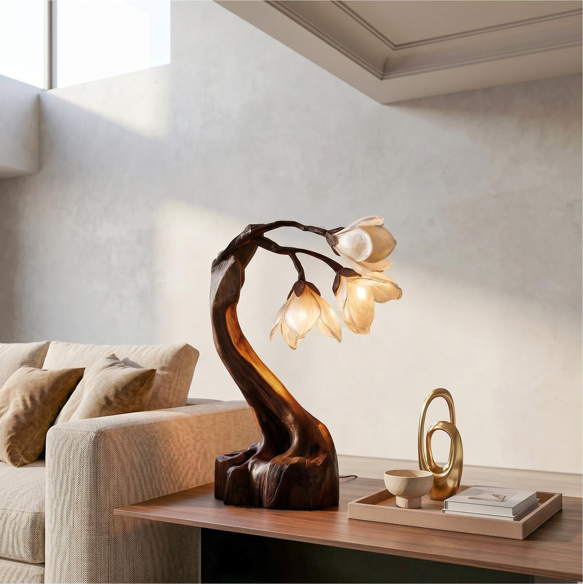 Organic Floral Table Lamp, Handcrafted Sculptural Solid Wood Base Accent Light for Bedroom & Living Room Nightstand