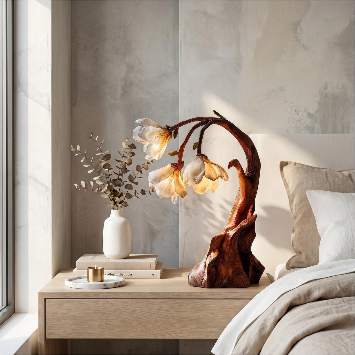 Contemporary Floral Table Lamp with Sculptural Solid Wood Base, Modern Bedside Desk Nightstand Lamp for Bedroom