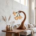 Modern Floral Table Lamp with Sculptural Curved Wood Base, Elegant Bedside Desk Nightstand Reading Light