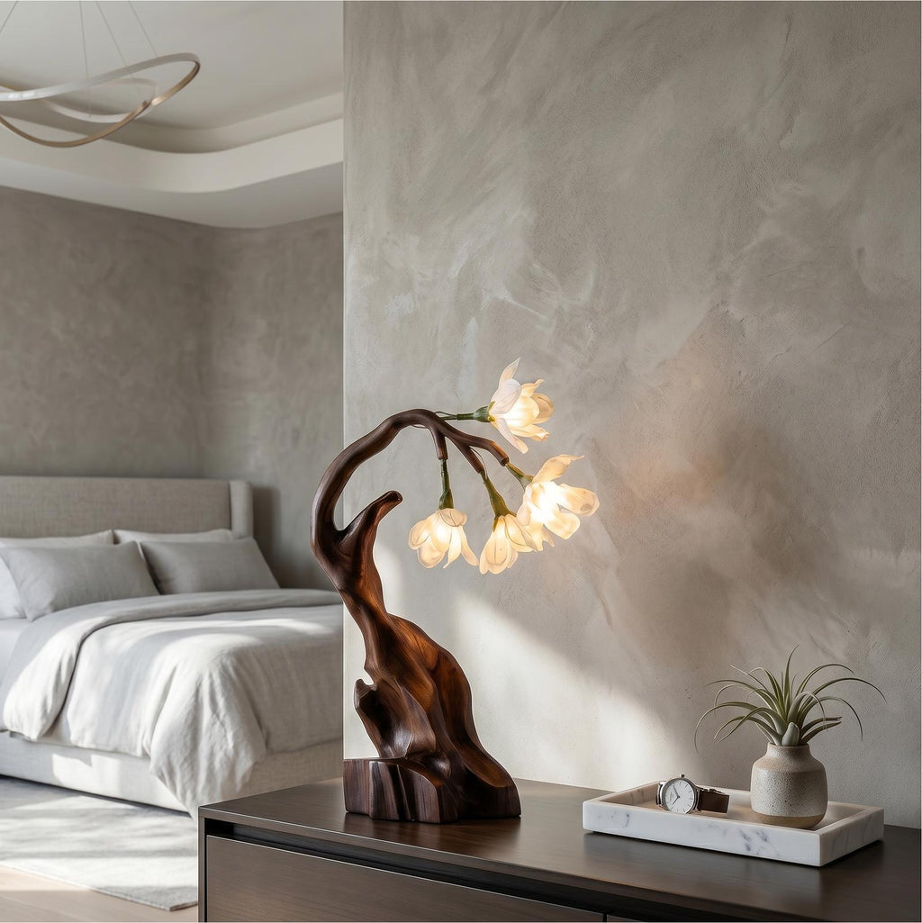 Luxury Floral Table Lamp with Sculptural Driftwood Base, Handcrafted Wooden Bedside Desk Light for Bedroom