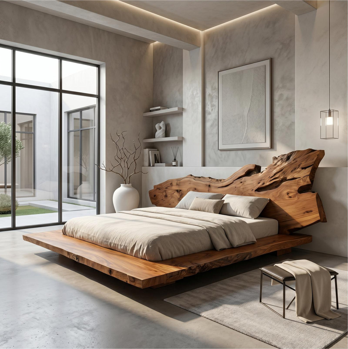 Spry Interior Modern Bed Frame with Live Edge Headboard, Handcrafted Solid Wood Platform Bed Frame, King Queen Bedroom Bed Furniture, SINLSAWB130