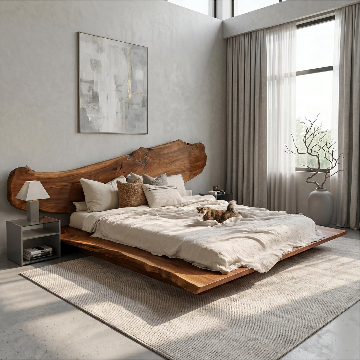 Spry Interior Luxury Organic Bed Frame, Sculptural Solid Wood Headboard Floating Platform Bed, King Queen Size Bedroom Furniture Frame, SINLSAWB131