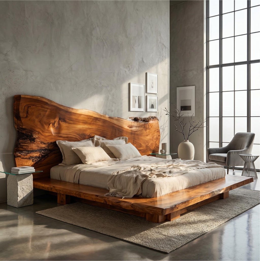 Japandi Bed Frame, Handcrafted Solid Wood Platform Bed Frame with Minimalist Headboard, King Queen Bedroom Furniture