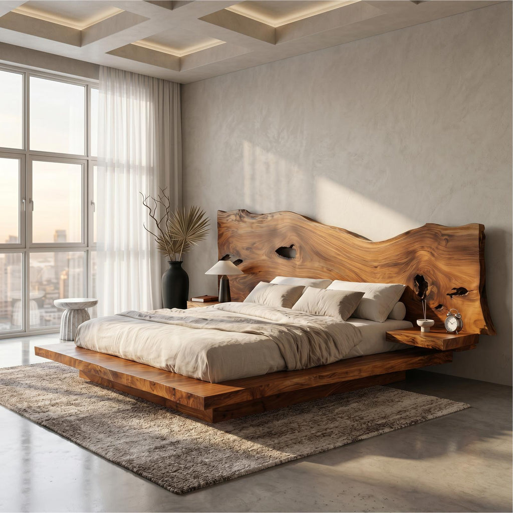 Spry Interior Modern Solid Wood Bed Frame, Handcrafted Floating Platform Bed Frame with Headboard, Bedroom Furniture King Queen Size, SINLSAWB134