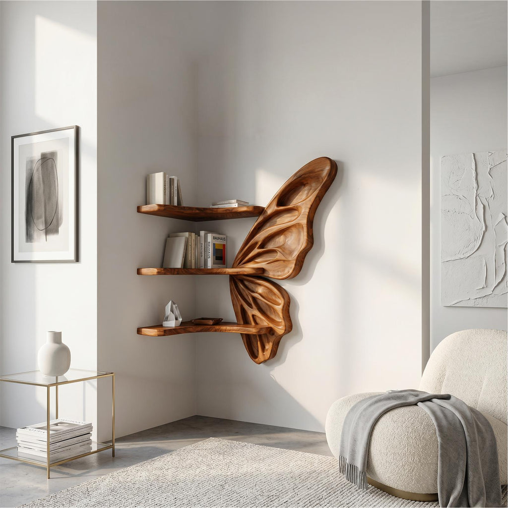 Organic Butterfly Wooden Wall Shelf, Handcrafted Floating Display Tiered Rack for Nursery, Bedroom & Living Room Decorative Storage