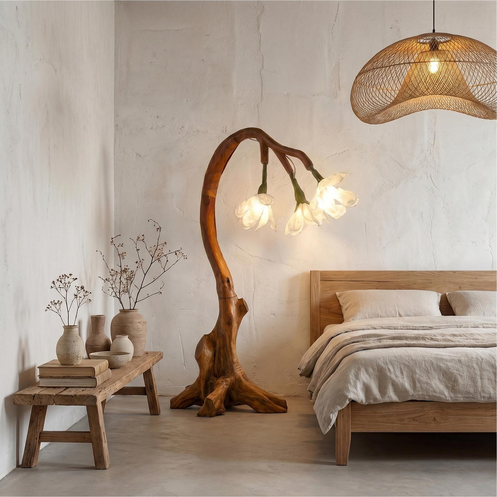 Organic Modern Floral Floor Lamp, Nature-Inspired Wooden Flower Leaf Standing Light for Bedroom, Model