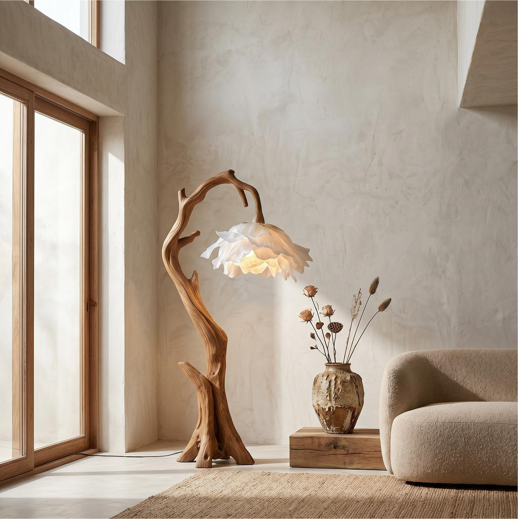 Nature Inspired Flower Floor Lamp with Solid Wood Base, Floral Shade Standing Light for Living Room, Model