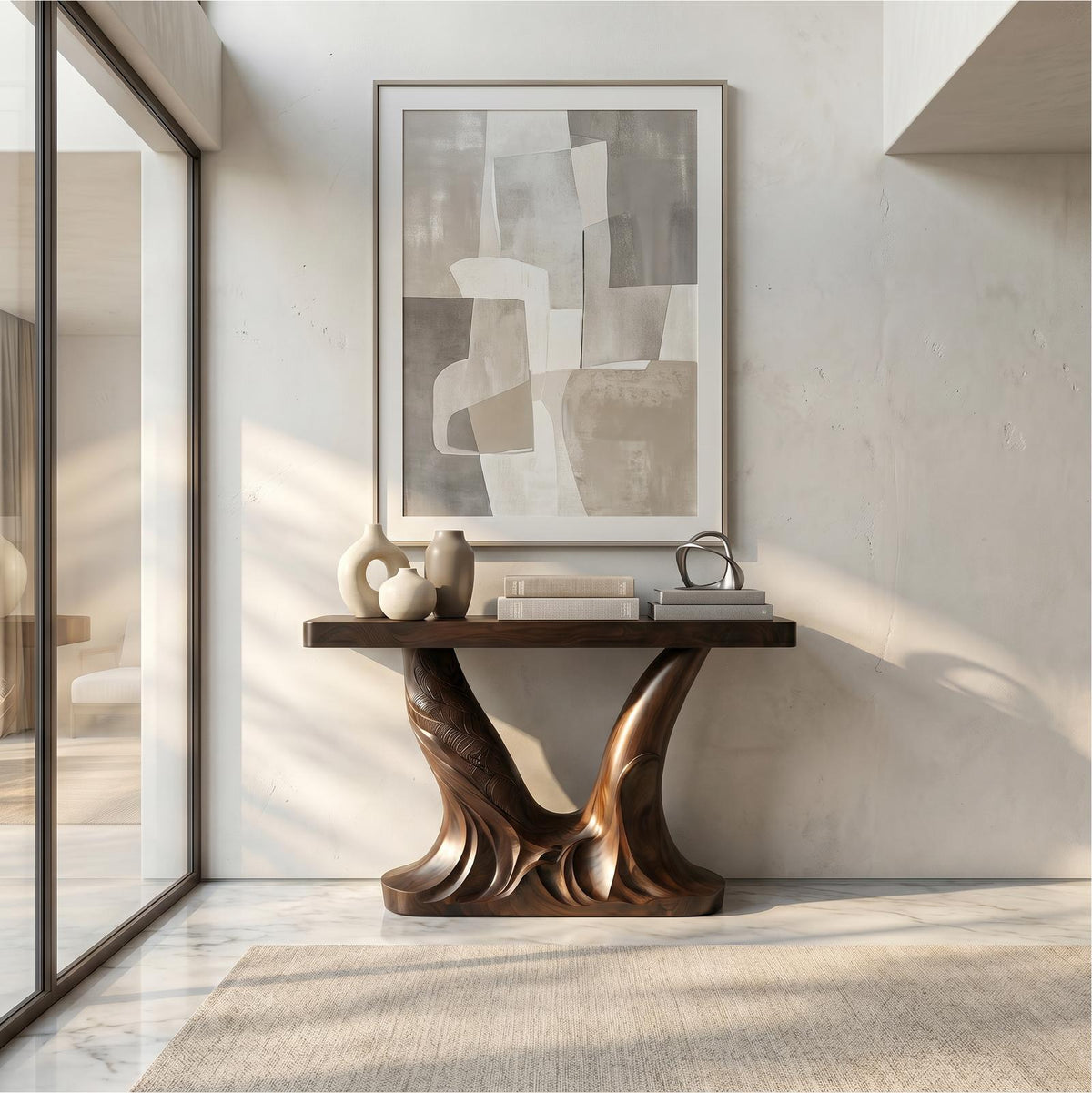 Organic Console Table, Sculptural Double Pedestal Base Solid Wood Entryway Sofa Table for Hallway & Foyer