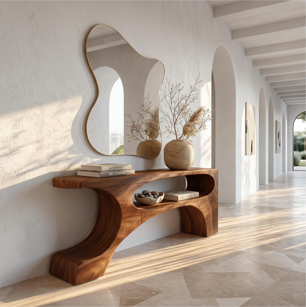 Contemporary Console Table, Organic Pedestal Base Solid Wood Entryway Table, Unique Sofa Table for Foyer