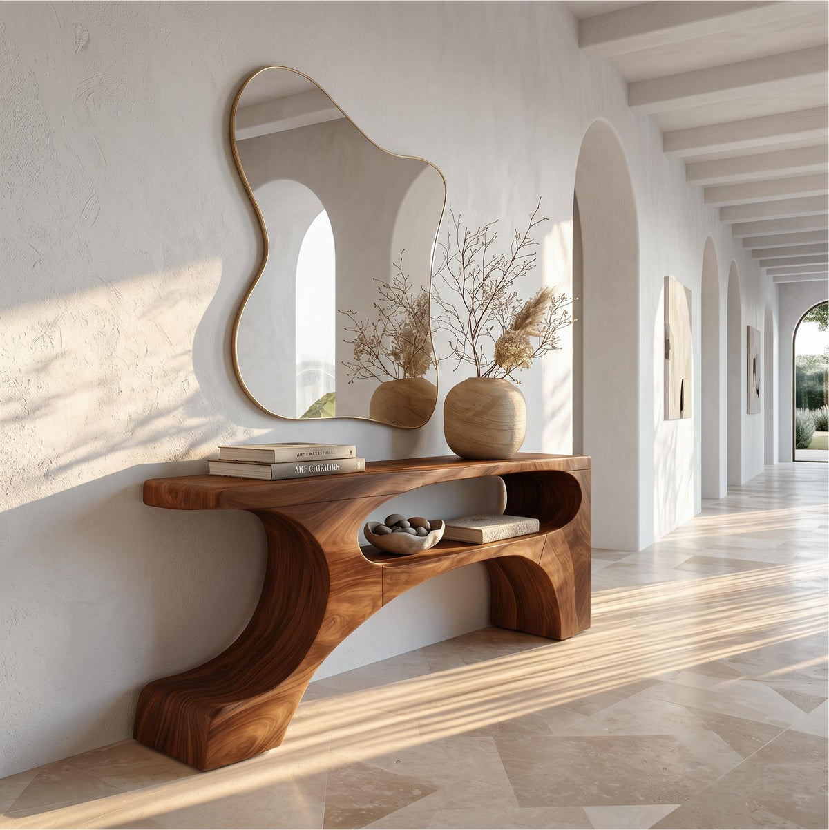 Contemporary Console Table, Organic Pedestal Base Solid Wood Entryway Table, Unique Sofa Table for Foyer
