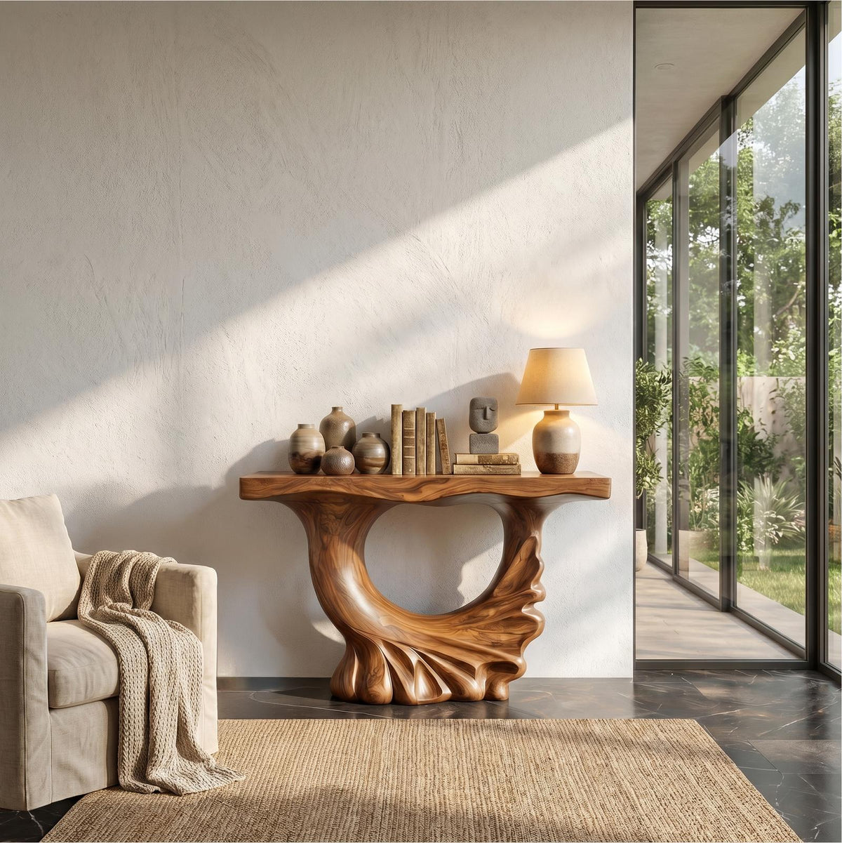 Modern Console Table, Sculptural Ring Form Pedestal Base Solid Wood Entryway Table for Living Room & Foyer