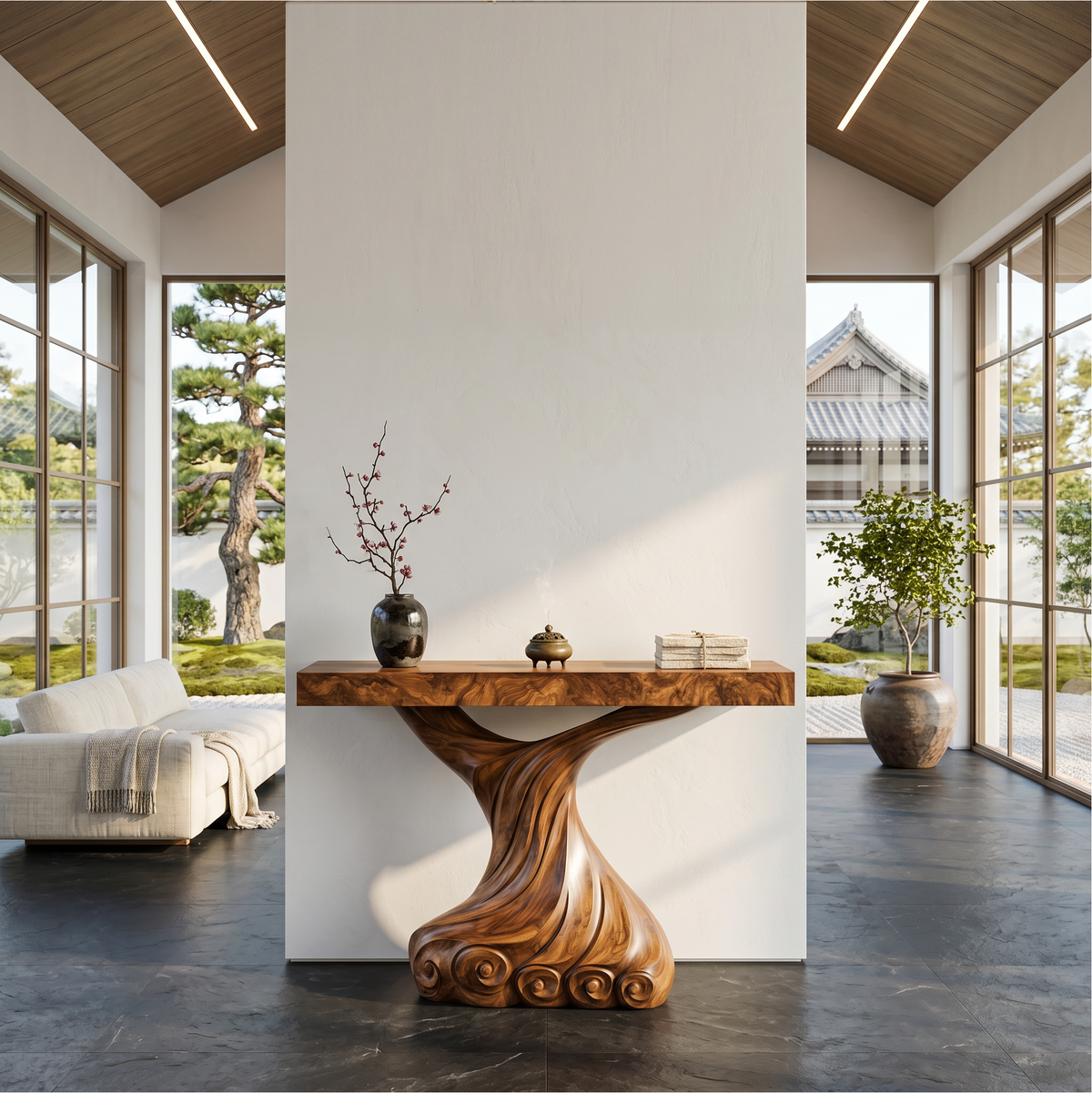 Contemporary Console Table, Carved Twist Form Wood Entryway Table, Abstract Sofa Table for Hallway & Foyer
