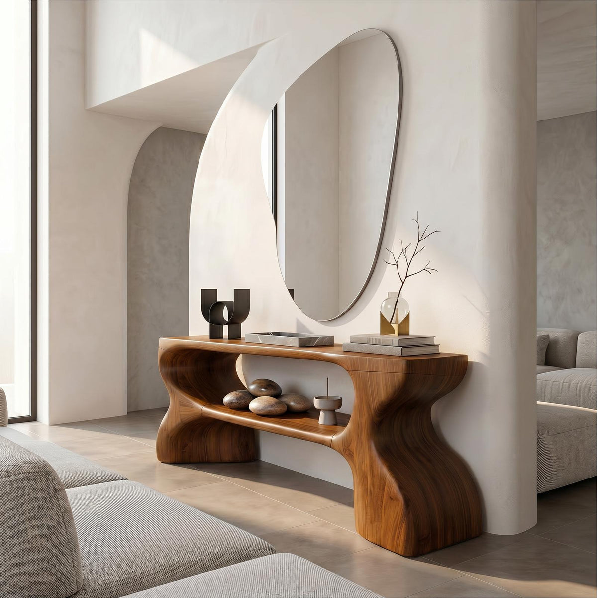 Contemporary Console Table, Architectural Curved Design Wood Entryway Table, Minimalist Sofa Table for Foyer