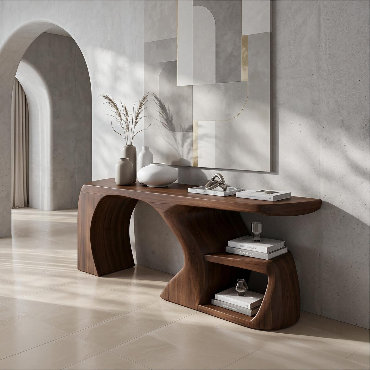 Modern Console Table, Architectural Curved Wood Entryway Table, Minimalist Sofa Table for Hallway & Foyer