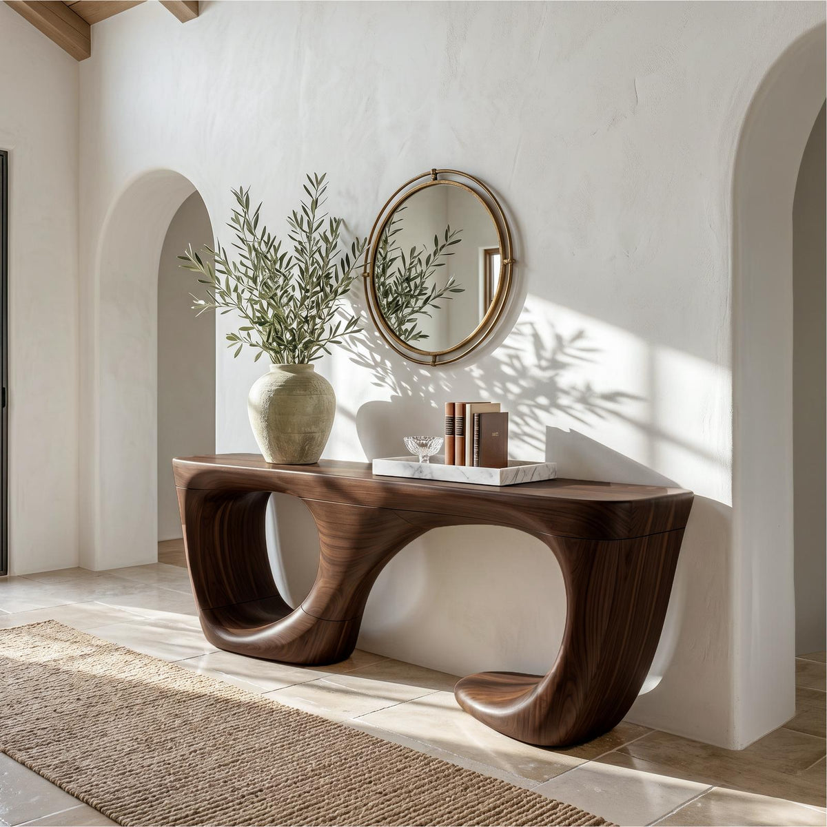 Contemporary Console Table, Curved Open Structure Hardwood Entryway Sofa Table for Living Room & Foyer