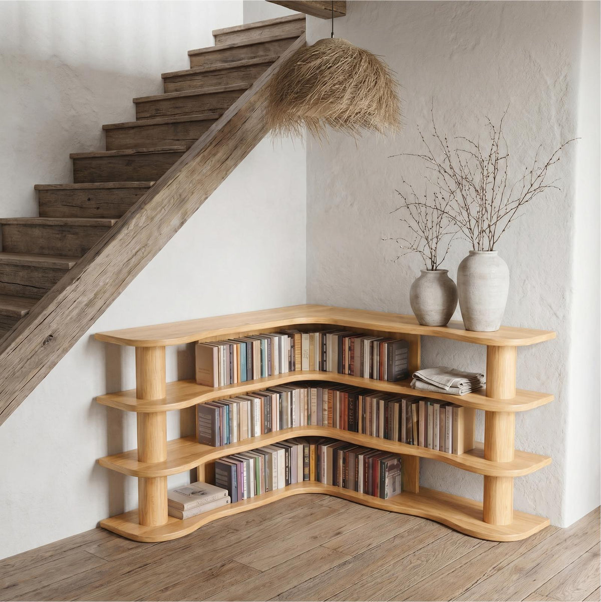 Scandinavian Corner Bookshelf, Rounded Multi-Tier Solid Wood Open Display Shelves for Bedroom