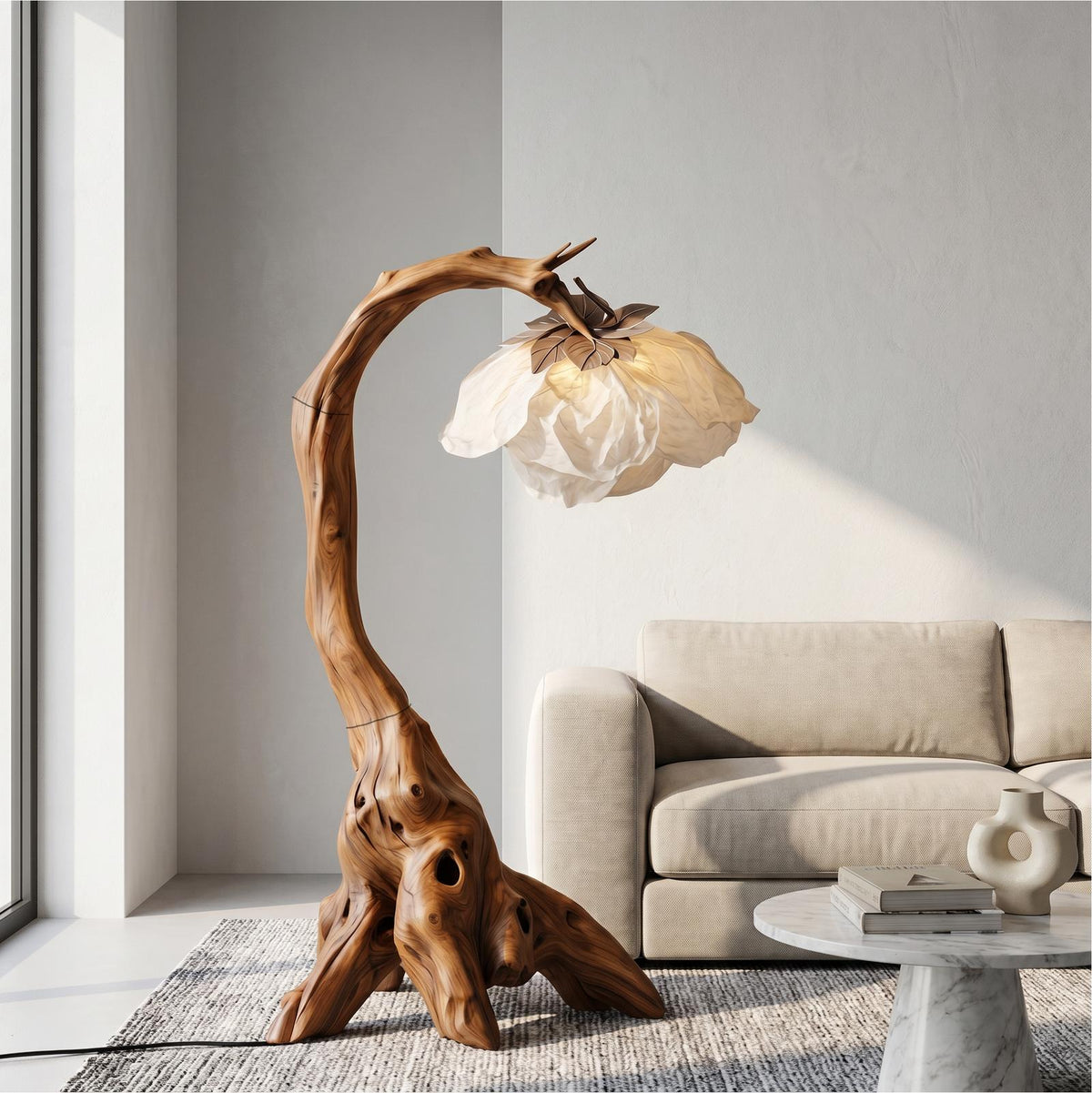 Organic Floor Lamp, Sculptural Tree Branch Wood Standing Lamp for Bedroom, Study & Reading Nook