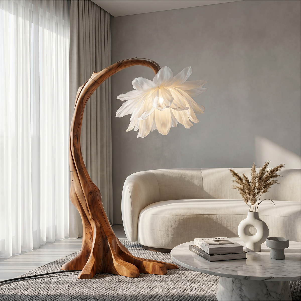 Contemporary Floor Lamp, Sculptural Floral Design Handcrafted Wooden Standing Tall Light for Living Room