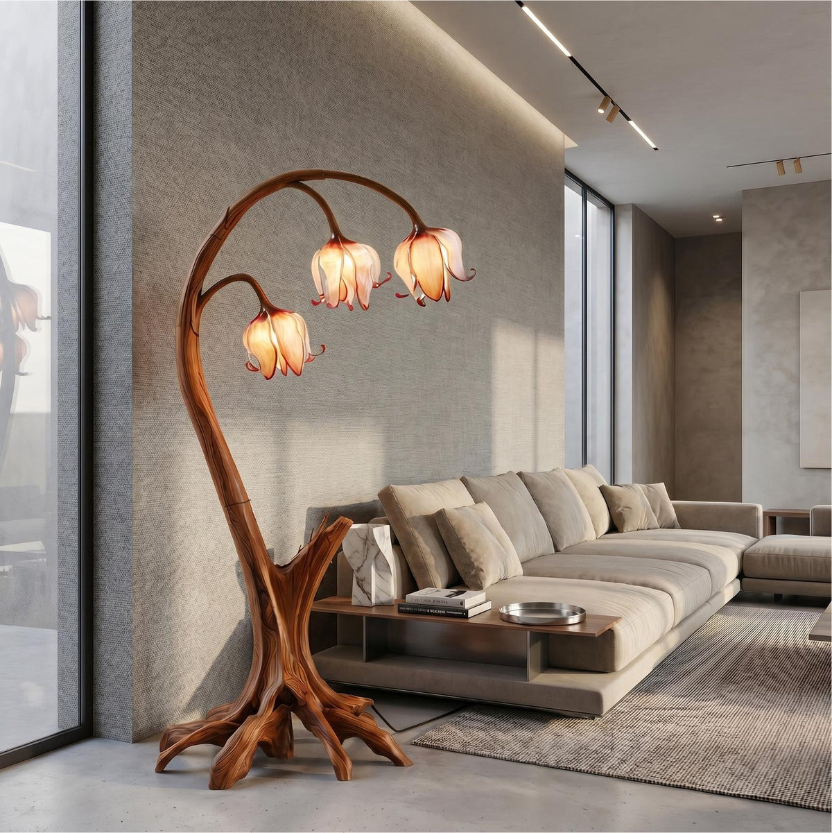 Rustic Floor Lamp, Handcrafted Blooming Bell Flower Wood Standing Lamp for Living Room & Bedroom