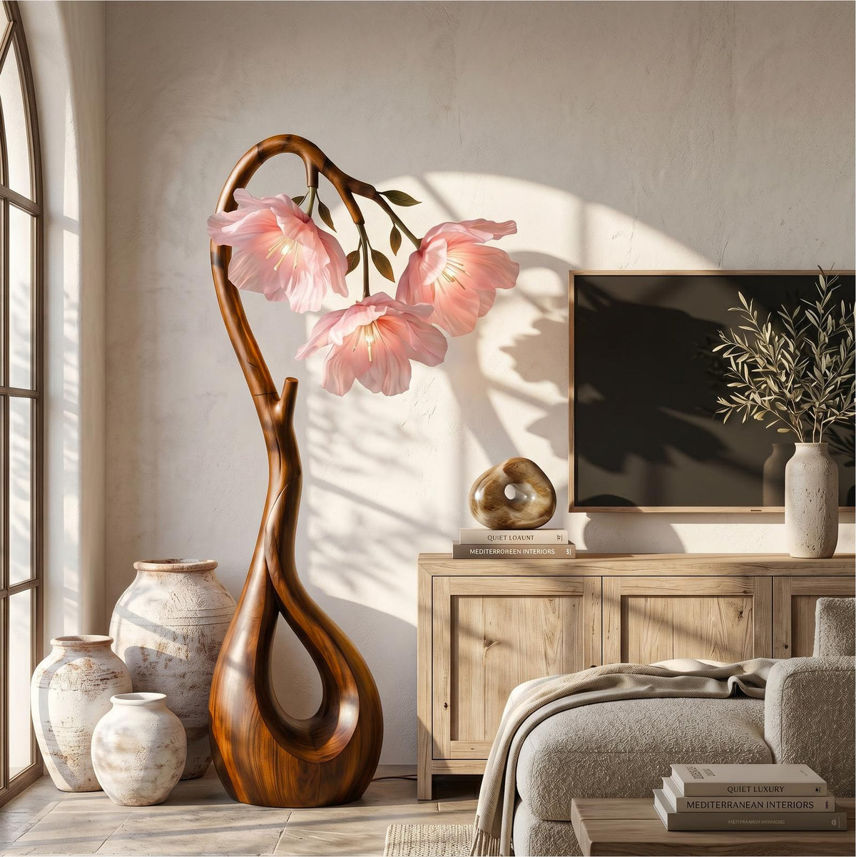 Modern Floor Lamp with Nature-Inspired Silhouette, Handcrafted Wooden Standing Light for Living Room
