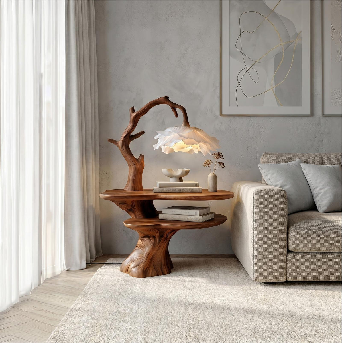 Natural Bedside Table with Floral Lamp, Handcrafted Tree Branch Solid Wood Nightstand for Guest Room