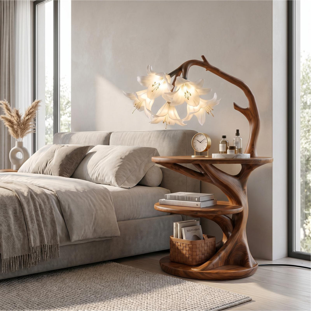 Rustic Side Table with Flower Shade Lamp, Handcrafted Solid Wood End Table & Bedside Nightstand