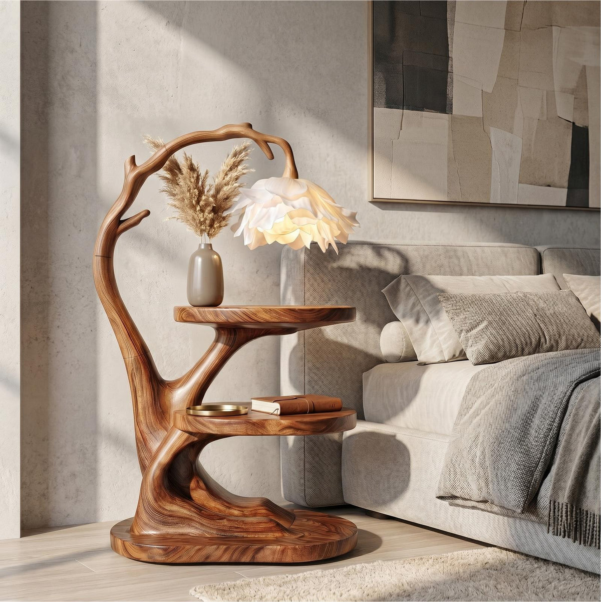 Organic Bedside Table with Sculptural Flower Lamp, Solid Wood Nightstand & Side Table for Bedroom