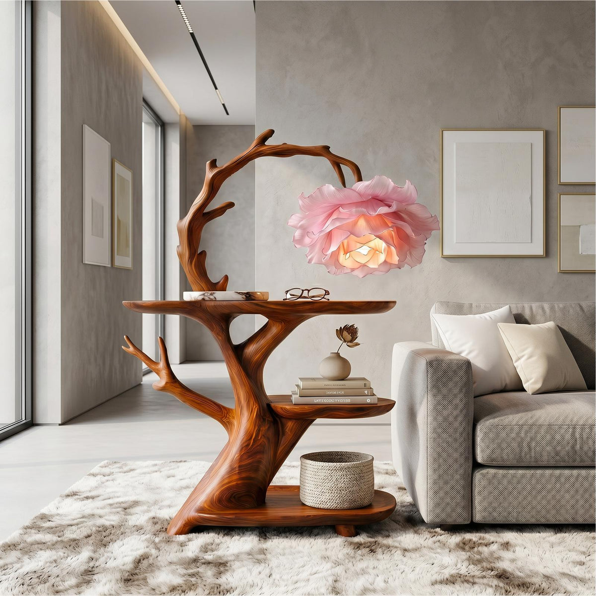 Contemporary Side Table with Floral Accent Lamp, Handcrafted Solid Wood Bedside Nightstand for Bedroom