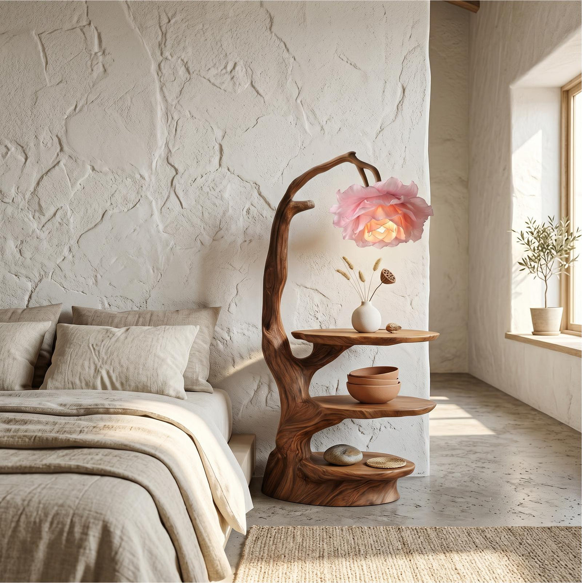 Natural End Table with Tree Branch Base & Integrated Flower Lamp, Solid Wood Bedside Table Nightstand
