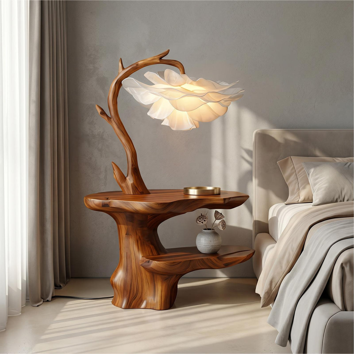 Organic End Table with Flower Lamp, Tree Branch Solid Wood Bedside Table & Accent Nightstand