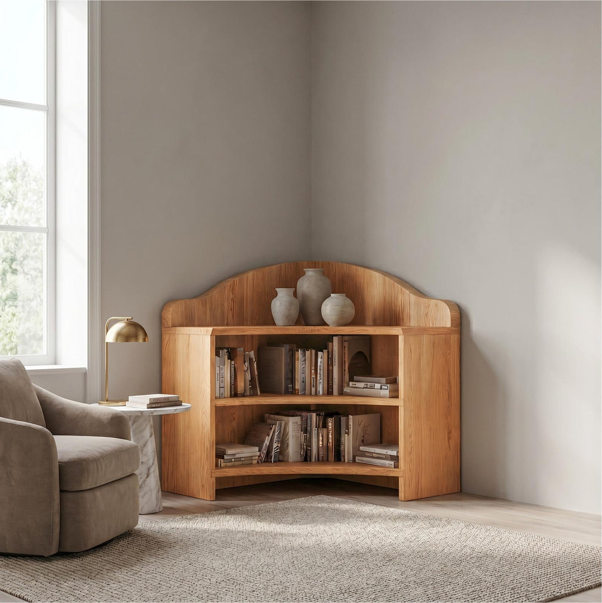 Minimalist Corner Bookshelf, Clean Solid Wood Open Display Shelves for Contemporary Living Room