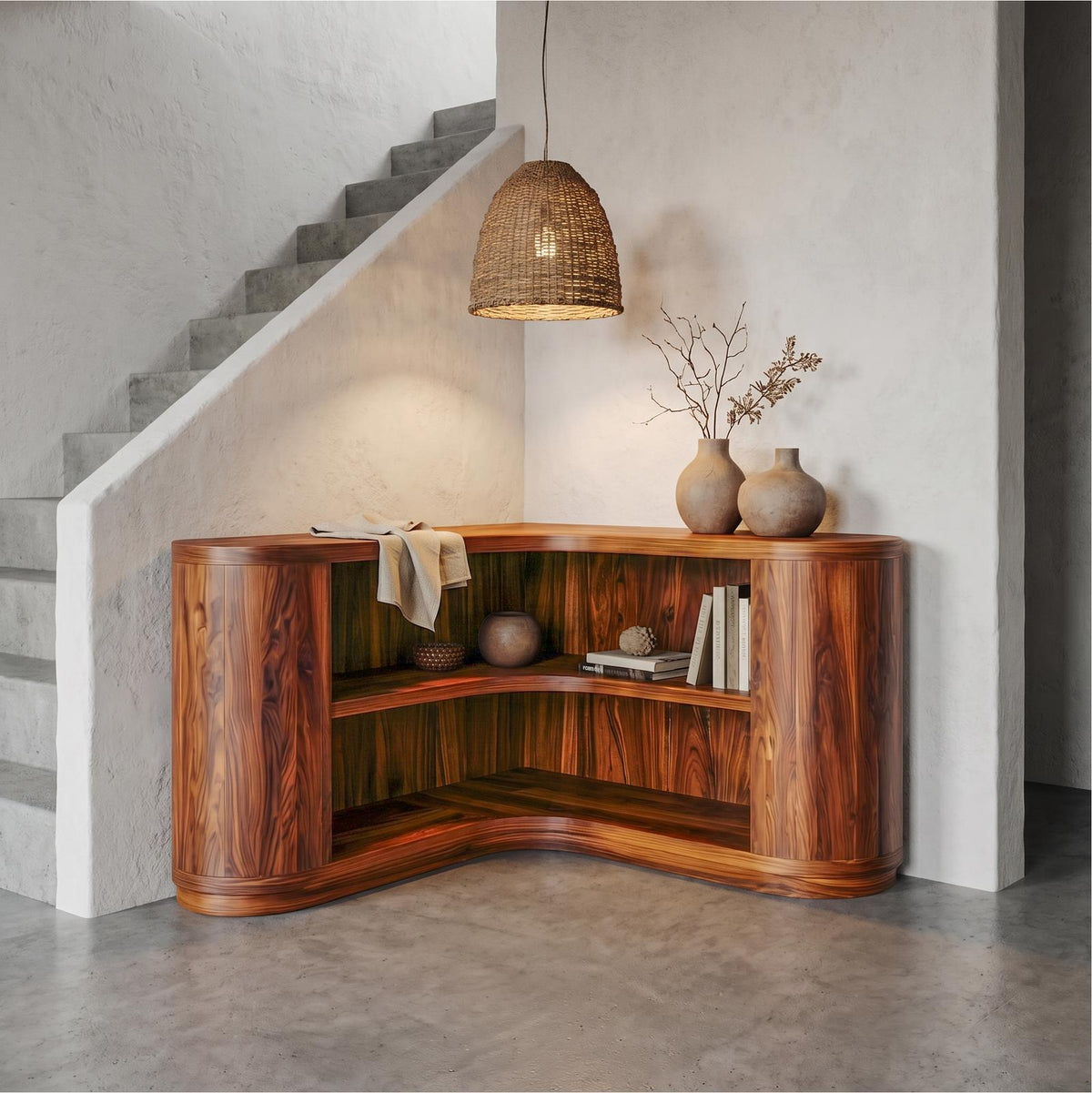 Scandinavian Corner Bookshelf, Minimalist Solid Wood Open Storage Shelves for Modern Living Room