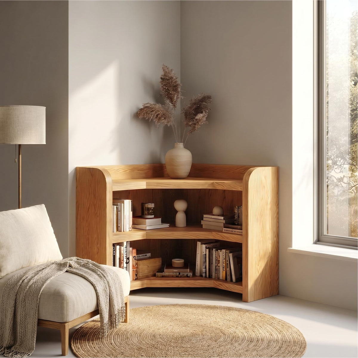 Natural Wooden Bookshelf with Rounded Edges, Open Solid Wood Shelving Display for Living Room & Bedroom