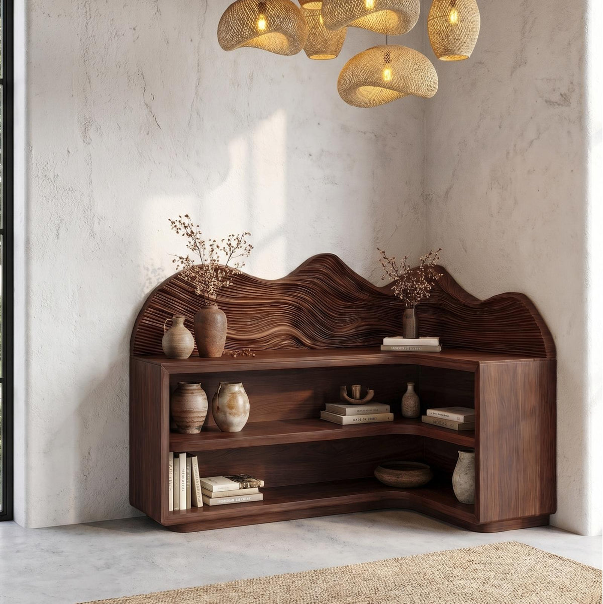 Contemporary Corner Bookcase, Sculptural Solid Wood Floating Shelves, Wall Display for Living Room
